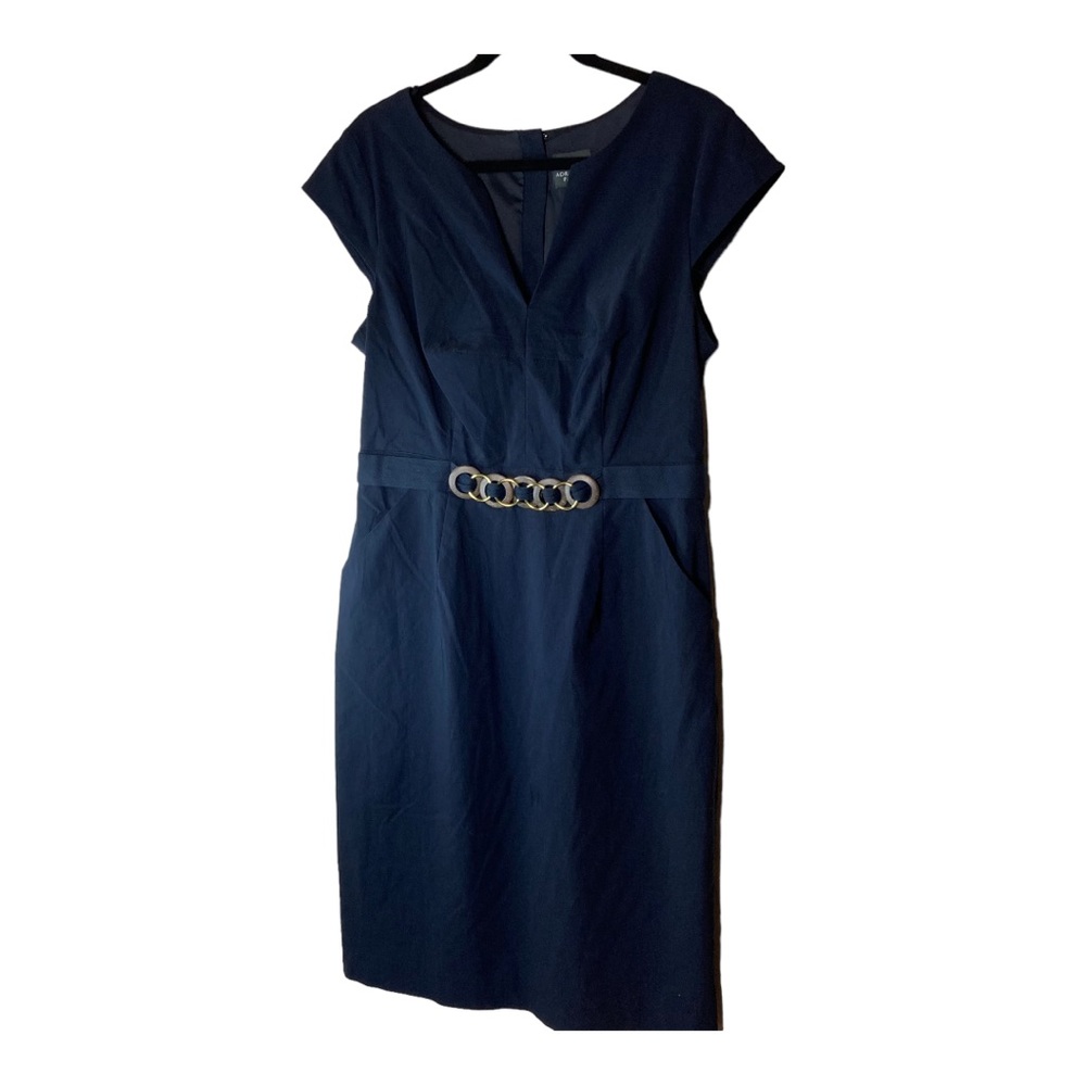 Adrianna Papell Navy Sheath Dress Belt Accent Size 14